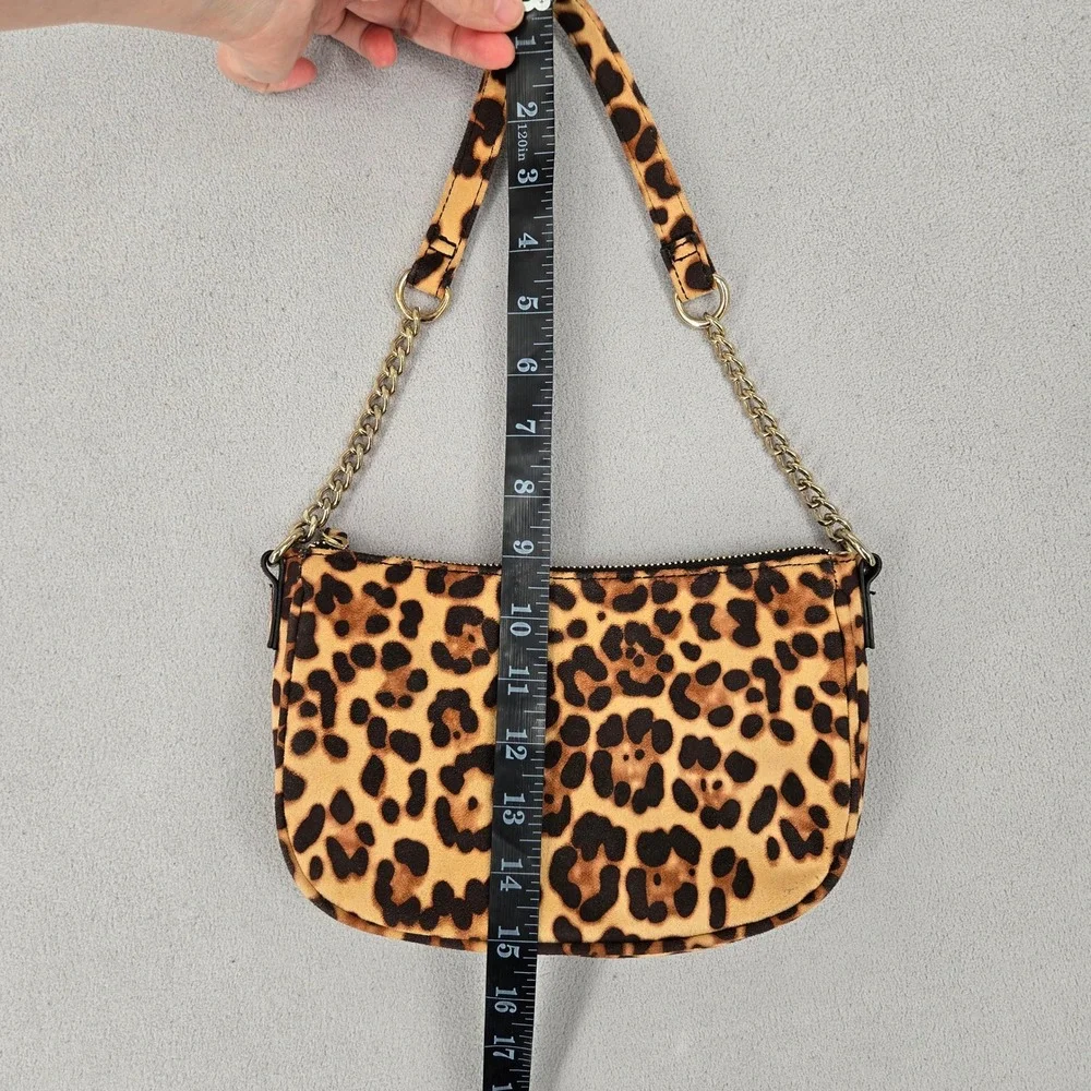 Leopard Print Faux Suede Feel Shoulder Bag Gold Chain Zip Y2K Style